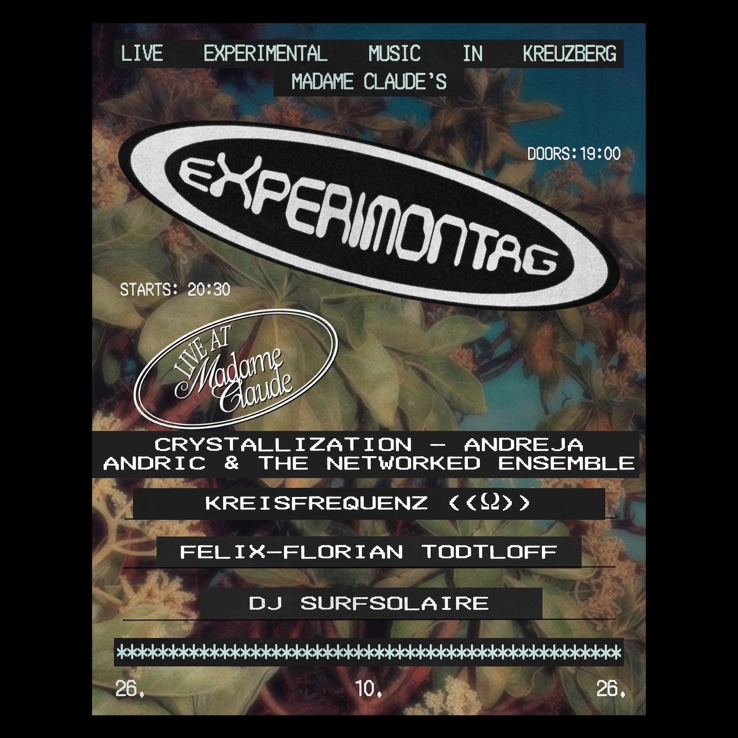 Crystallization – Andreja Andric & The Networked Ensemble + Kreisfrequenz ((ω)) + Felix-Florian Tödtloff + SurfSolaire (DJ-Set)
